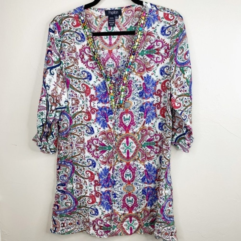 Papillon‎ Colorful Beaded Lace-Up Tunic Coverup